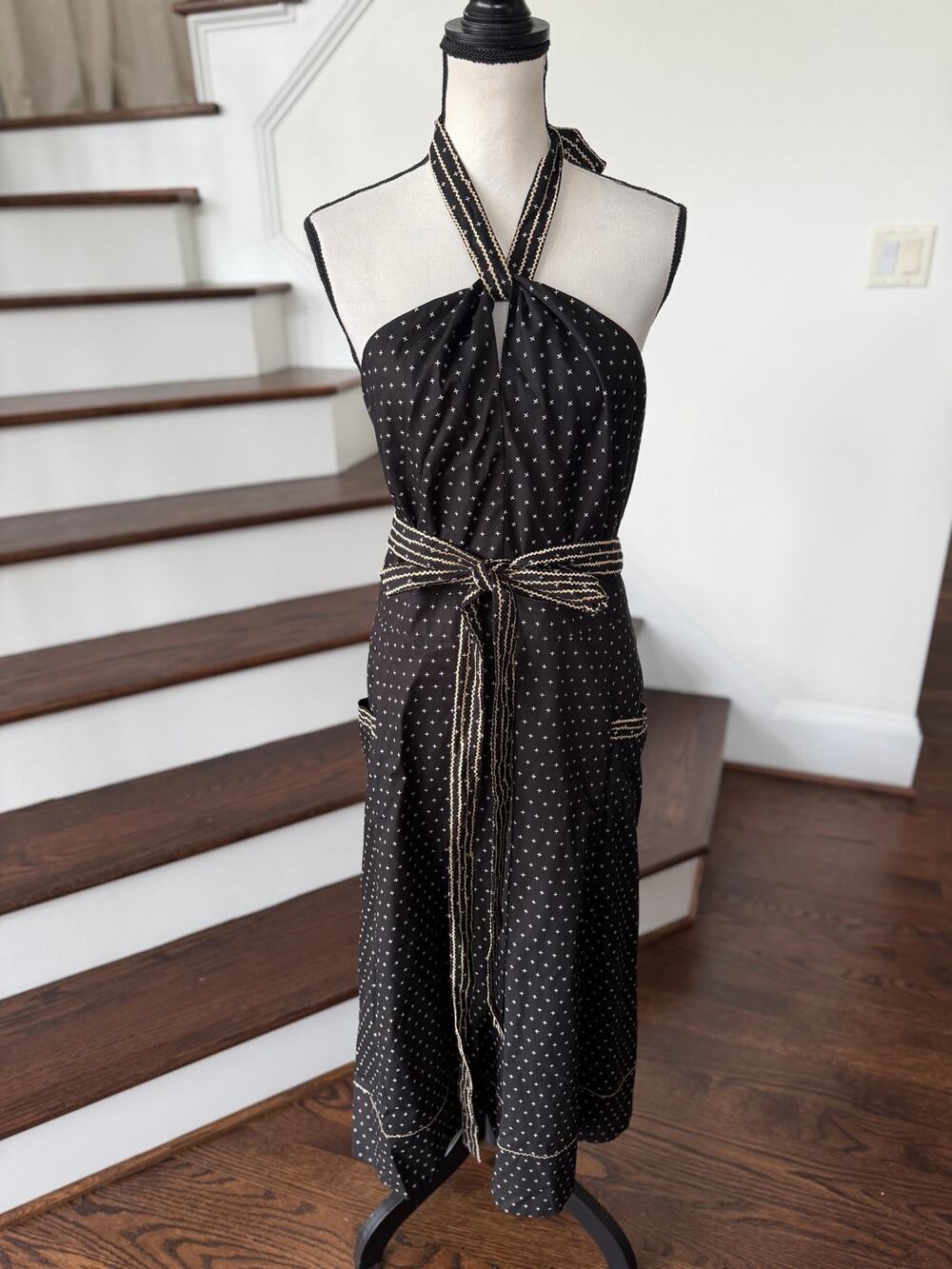 EShakti Black Polka Dot Embroidered Belt Open Back Halter Midi Fit Flare Dress